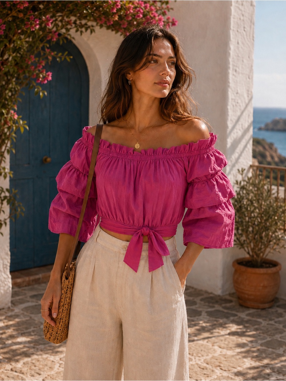 Andrea Hedenstedt x NA-KD 100% Cotton Off-Shoulder Tie Crop Top | Small